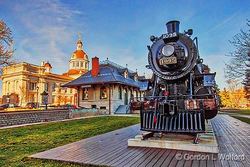 Kingston City Hall, Old Train Station & CP Engine 1095_DSCF5505.jpg - Photographed at Confederation Park in Kingston, Ontario, Canada.